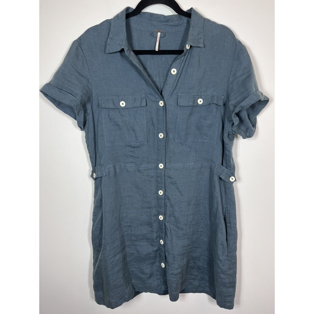 Free People Large Blue Gray 100% Linen Shirt Dress Button Pockets Quiet Luxury